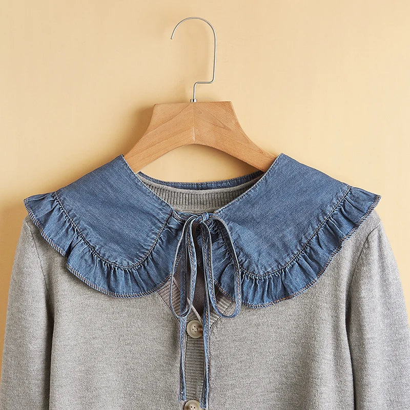 Women's Washed Denim Shawl Collar with Pleated Lace and Fashionable Fake Collar