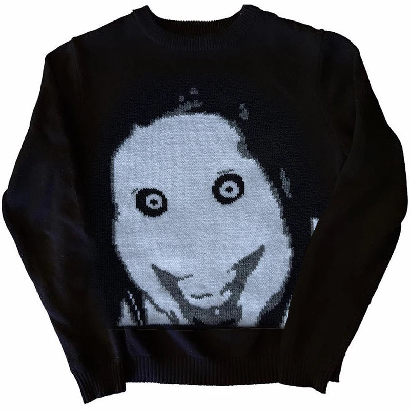 Casual Hip Hop Streetwear Knitted Sweater men Gothic portrait Print Pullover autumn Harajuku Cotton sweater Ghost Y2K