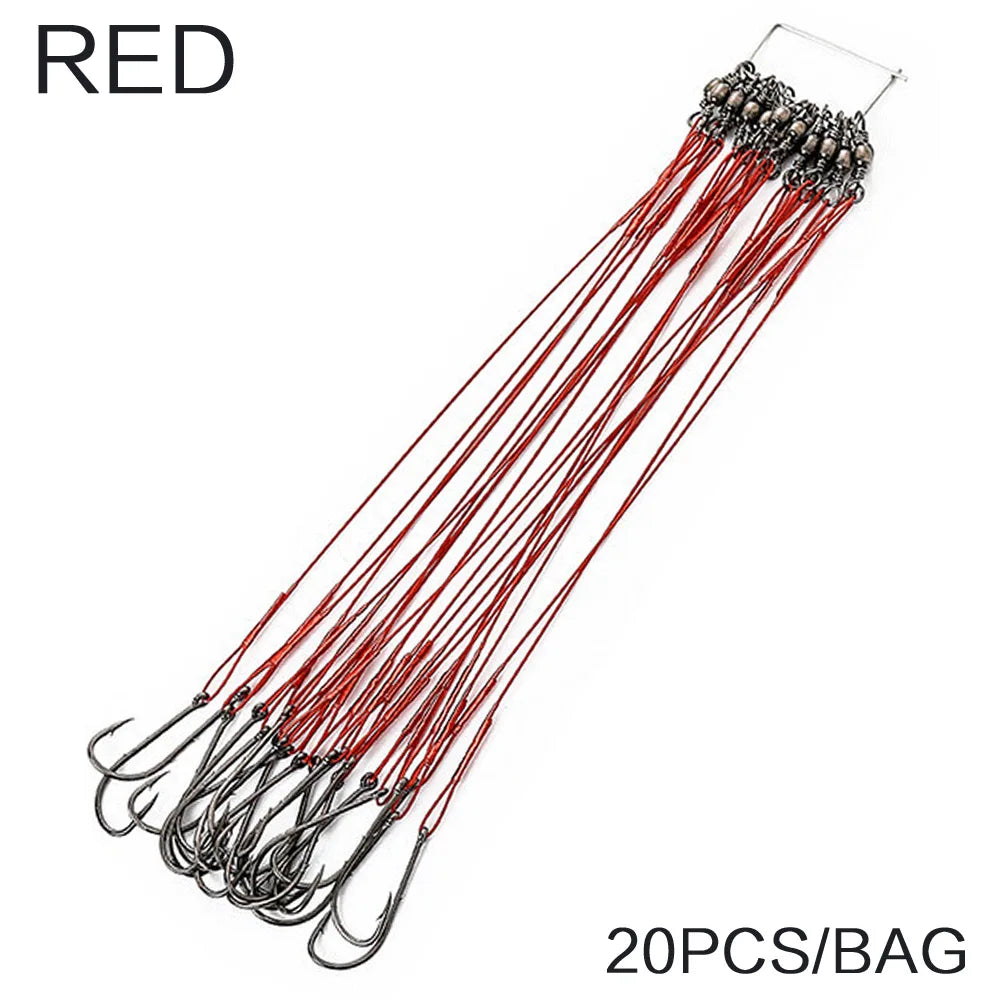 FLYSAND Anti Bite Steel Fishing Line Steel Wire Leader WIth #1 Hook With Swivel 50LB 20Pcs/Bag 3 Colors Fishing Tackle Gear