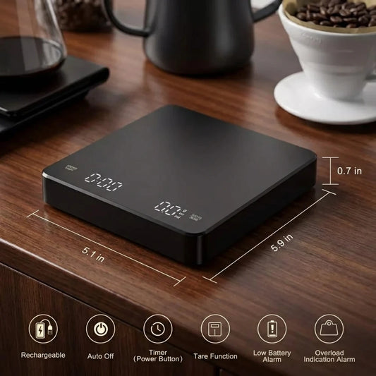 USB Digital Coffee Scale Rechargeable LED Screen 0.1g High Accuracy Kitchen Espresso Brewing Measuring Timer Scale