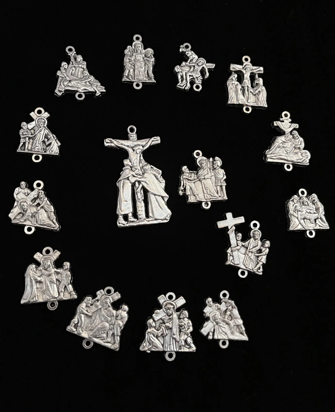 15Pcs Crucifix Jesus Cross Pendant Set Stations of the Cross Devotional Medals for Rosary Parts DIY Making Accessories