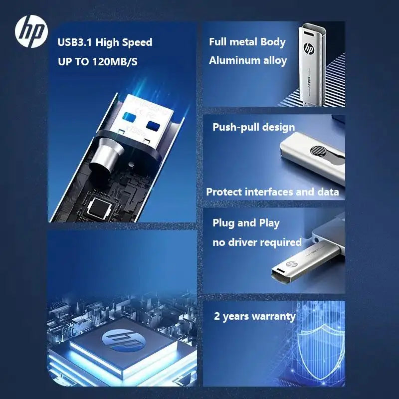 HP USB 3.1 Metal USB Flash Drive 32GB 64GB 128GB 256GB Pen Drive Creative Personality Car Music Gift High-Speed USB PenDrive