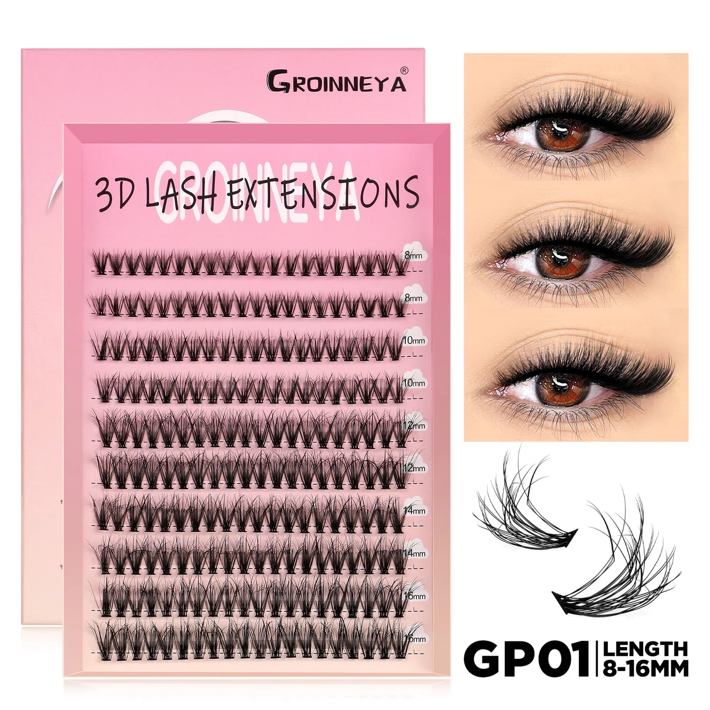 GROINNEYA Lashes Cluster DIY Lash Extension Mixed Tray Clusters Eyelashes Fluffy Volume Individual Lashes Cat Eye Lash Extension