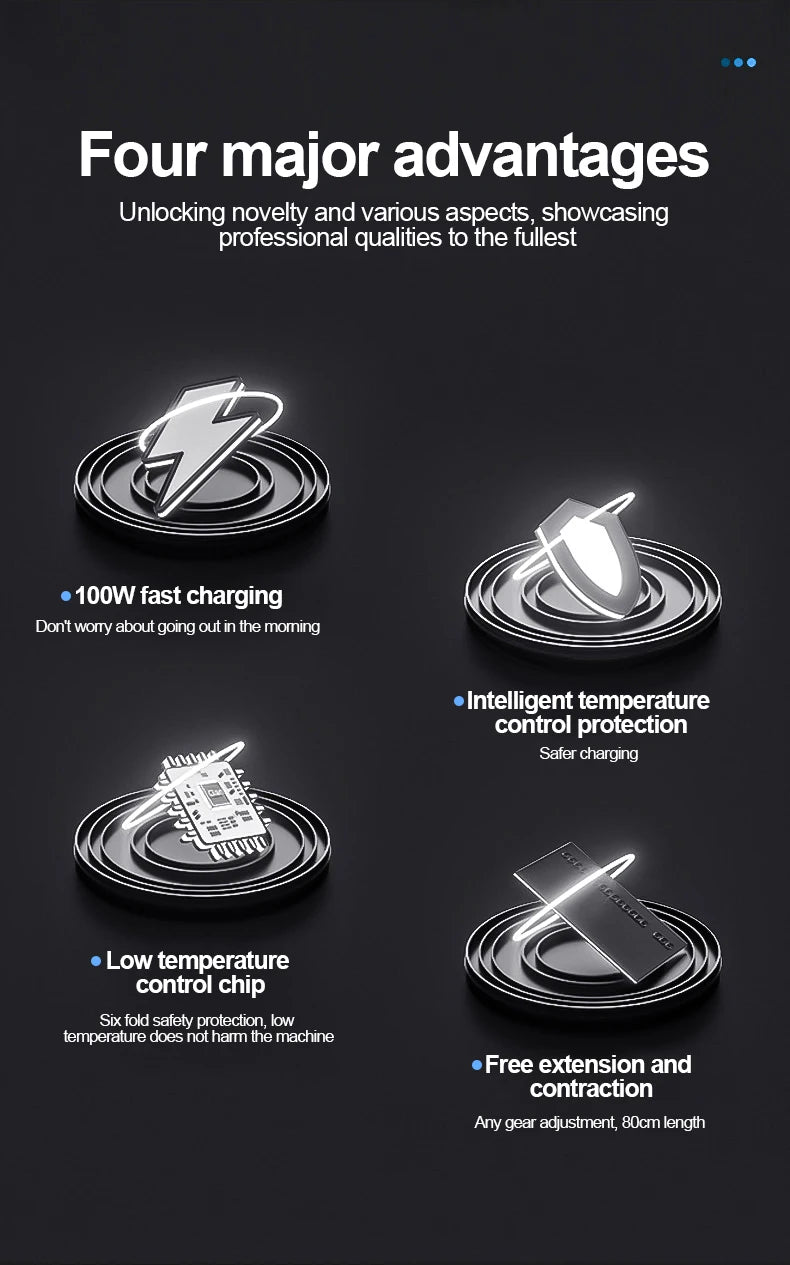 100W Car Charger Car Super Fast Charge Flash Charging, Telescopic Cable Four-in-one Point Smoker Car Charging