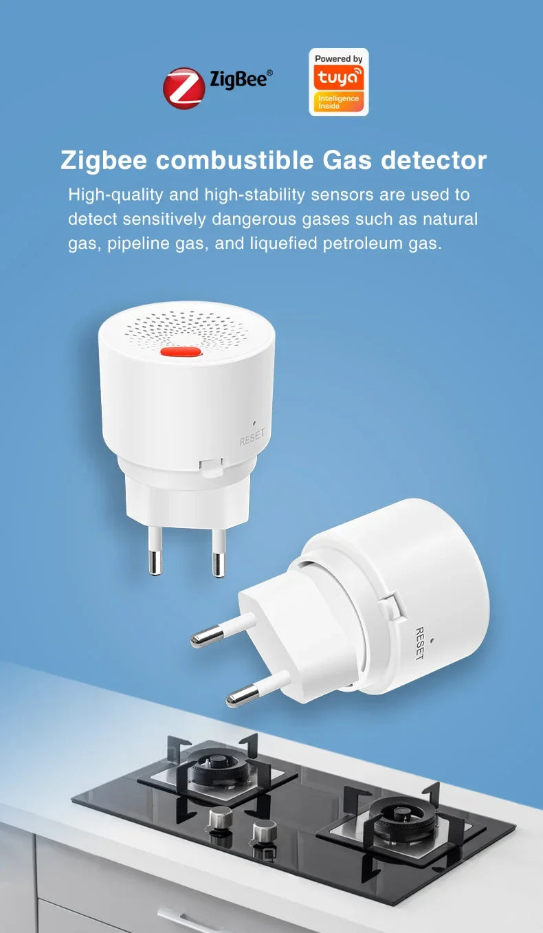 Tuya Smart Zigbee Natural Gas Sensor With High Sensitivity For Fire Safety, Designed For Kitchen LPG Leakage Detection.