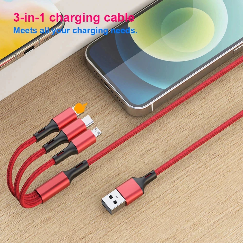 2.4A Braided One Drag Three USB-A For Apple Android Type-c/USB-C Fast Charging Cable 1.2m 3in1 Black Silver Red Blue Golden