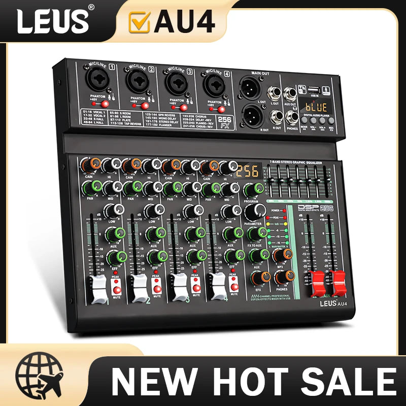 LEUS AU4 Channel 256 DSP Effect Audio Mixer Record PC 48V Phantom Power USB Sound Mixers Bluetooth DJ Console Mixing for Karaok