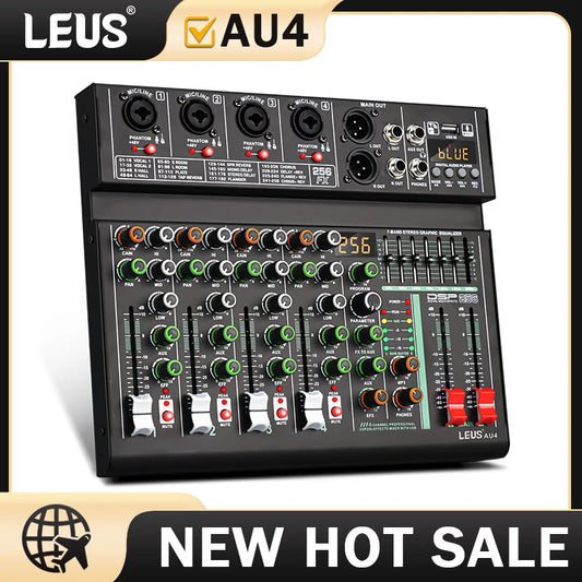 LEUS AU4 Channel 256 DSP Effect Audio Mixer Record PC 48V Phantom Power USB Sound Mixers Bluetooth DJ Console Mixing for Karaok