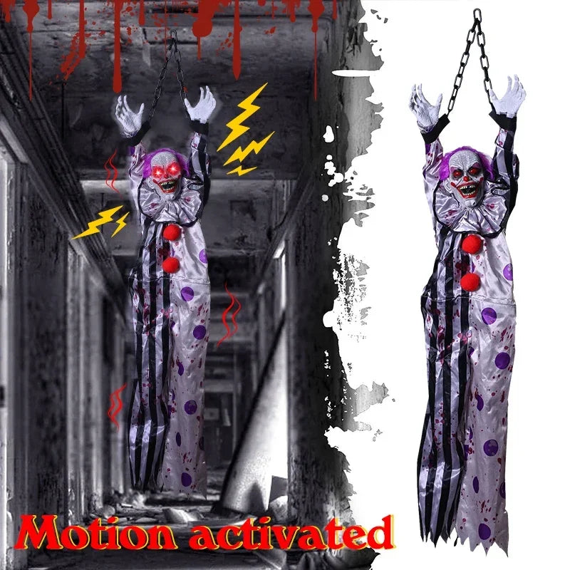 Halloween Hanging Animated Decorations Talking Shaking Scary Clown with Chain Voice Control Outdoor Yard Haunted House Prop