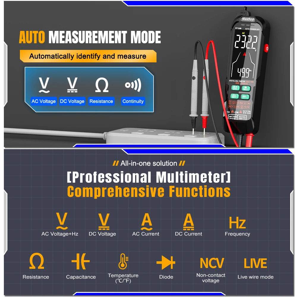 MASTFUYI Multifunction Digital Multimeter AC & DC Voltage & Current, Resistive Capacitance True RMS, Rechargeable Multimeter