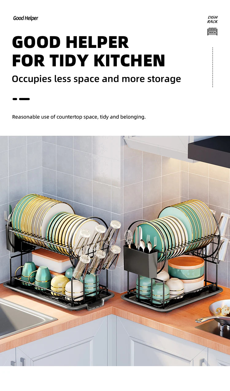 2 tier dish drying rack drain board set tableware drainer Kitchen countertop storage rack cup holder Knife and fork holder
