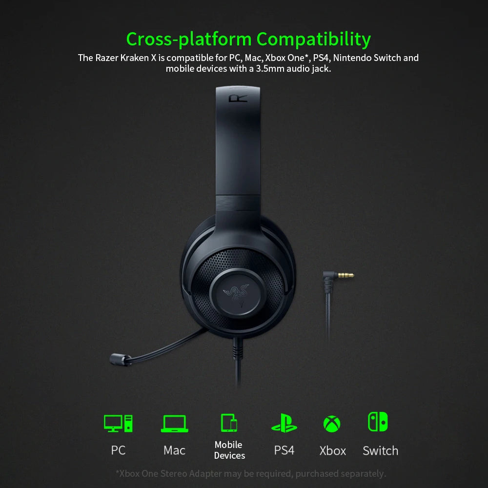 Razer Kraken X Essential Gaming Headset 7.1 Surround Sound Headphone Bendable Cardioid Microphone 40mm Driver Unit Headphones