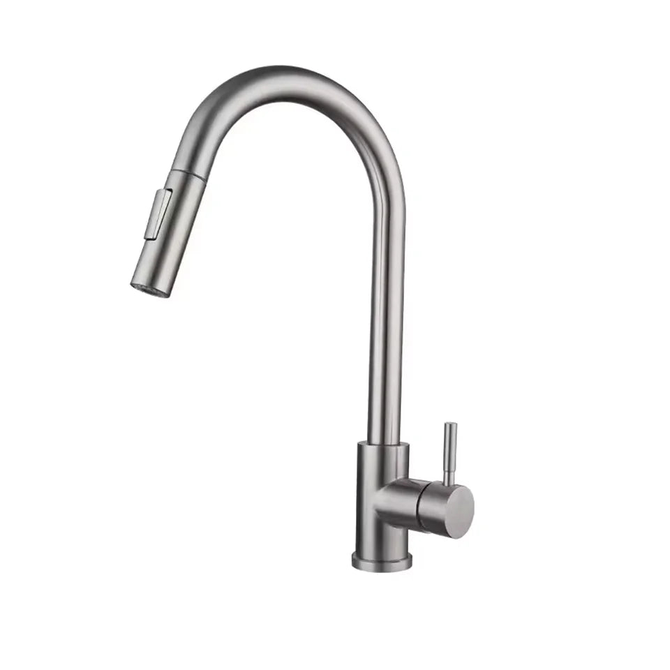 A Kitchen Stainless Steel Pull-out Cold and Hot Water Mixing Faucet with a 3-function Pull-out Nozzle