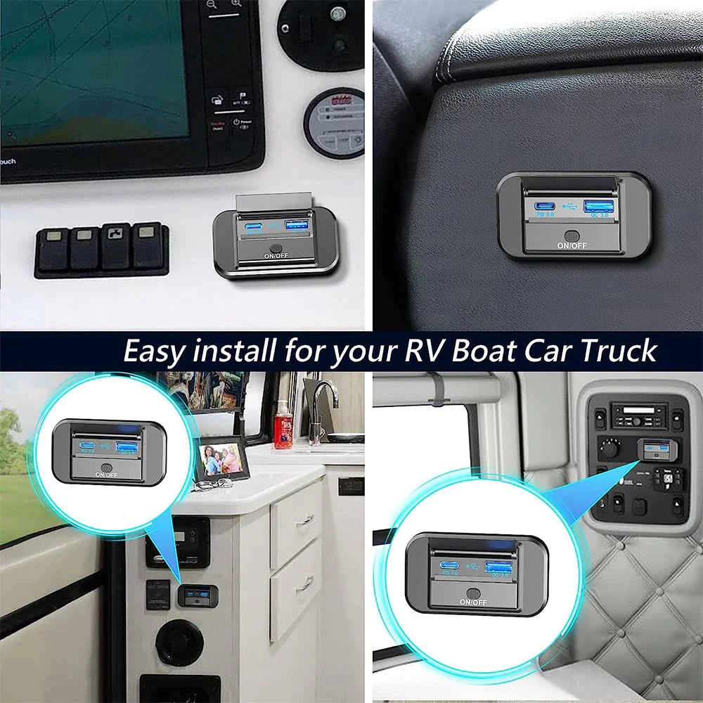 Quick Charge PD Type C Dual USB Ports Car Bus Charger Socket Adapter 12V/24V USB Power with Swith for Marine Motorcycle