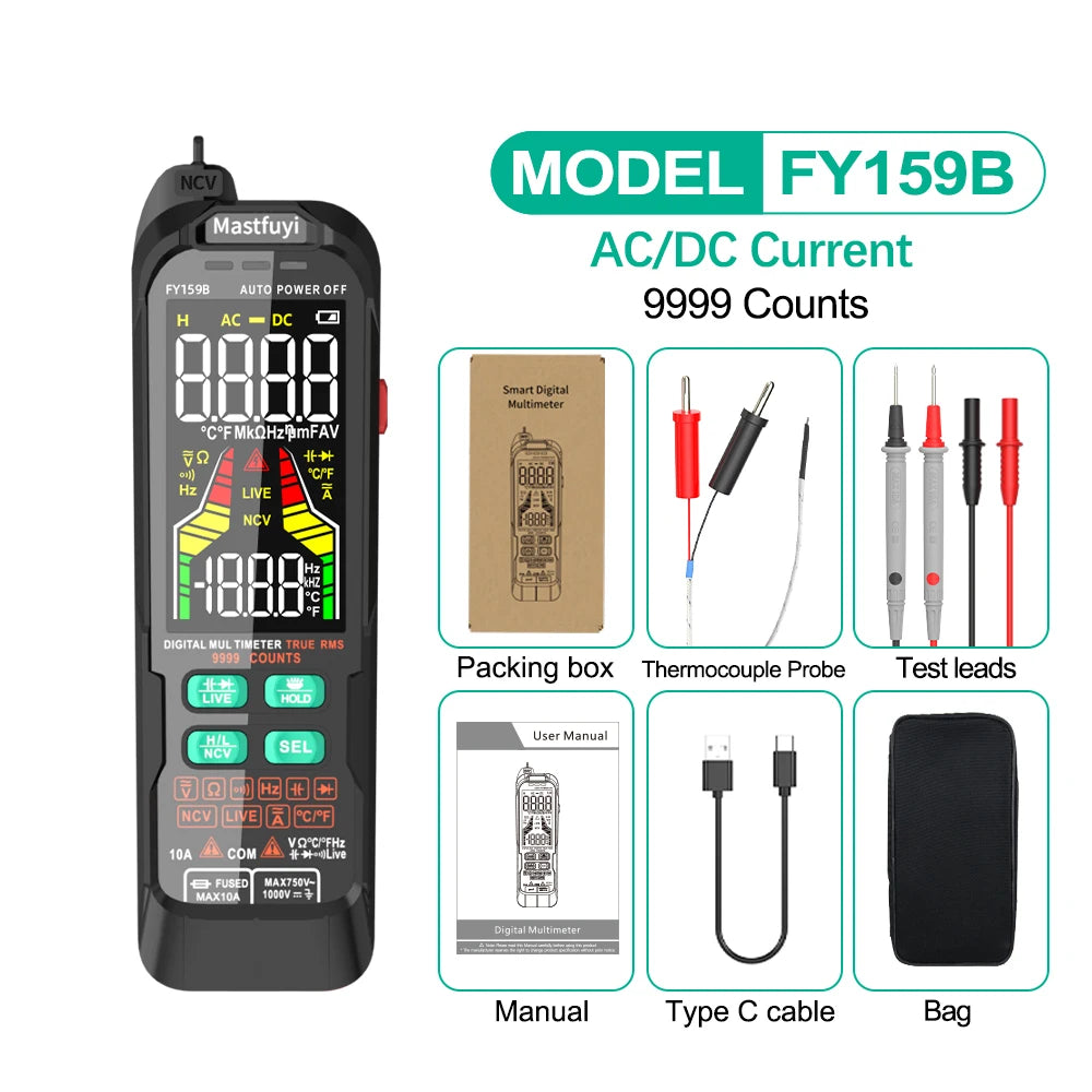 MASTFUYI Multifunction Digital Multimeter AC & DC Voltage & Current, Resistive Capacitance True RMS, Rechargeable Multimeter