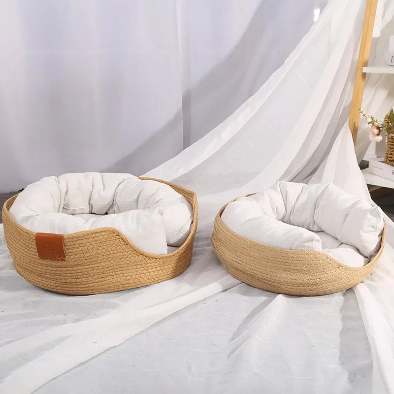 Woven Rattan Cat Basket Nesting Bed All-Season Cozy Kitten Lounger Cushion Scratching Board Detachable 2 in1 Cats Beds House