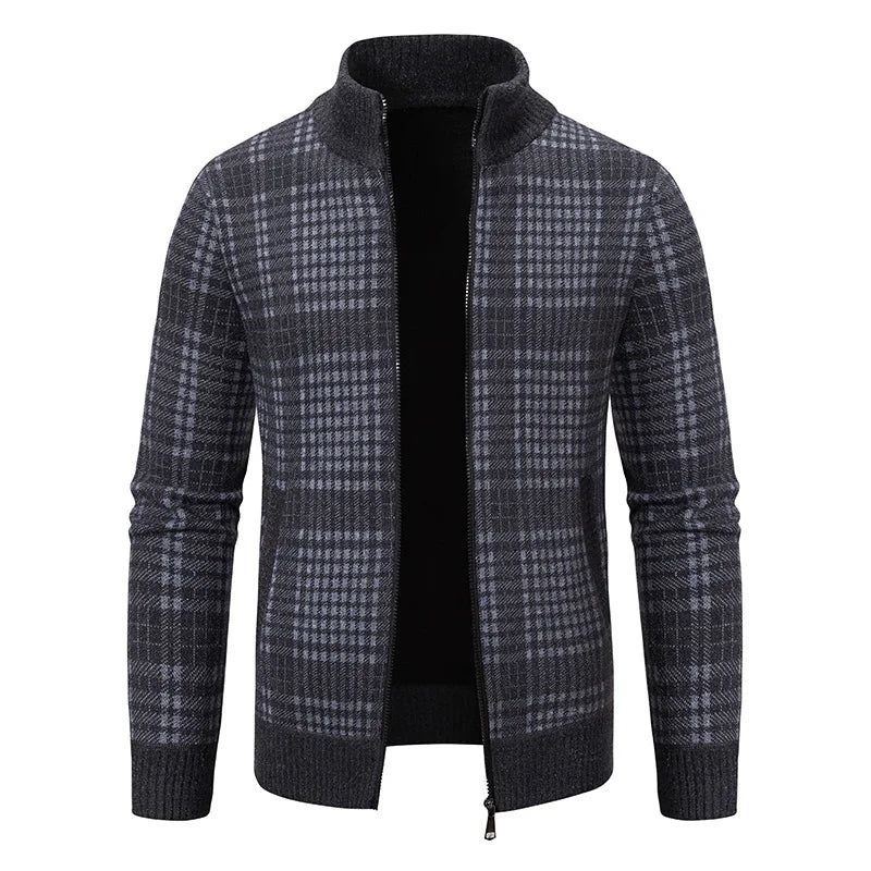 Mens Sweaters Jacket Full Zip Fleeced Sweater Cardigan Plaid Stand Collar Sweaters Coat Autumn Winter Homme Clothes