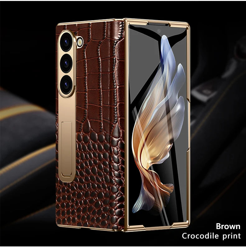 For Samsung Z Fold 7 6 5 4 3 Genuine leather Magnetic Hinge Full protective phone Case holder Kickstand fold6 Shockproof Cover