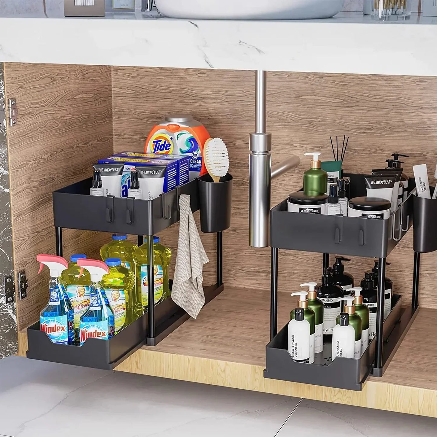 Organization and storage under the sewer, kitchen finishing rack with double sliding drawers, multifunctional storage rack shelf