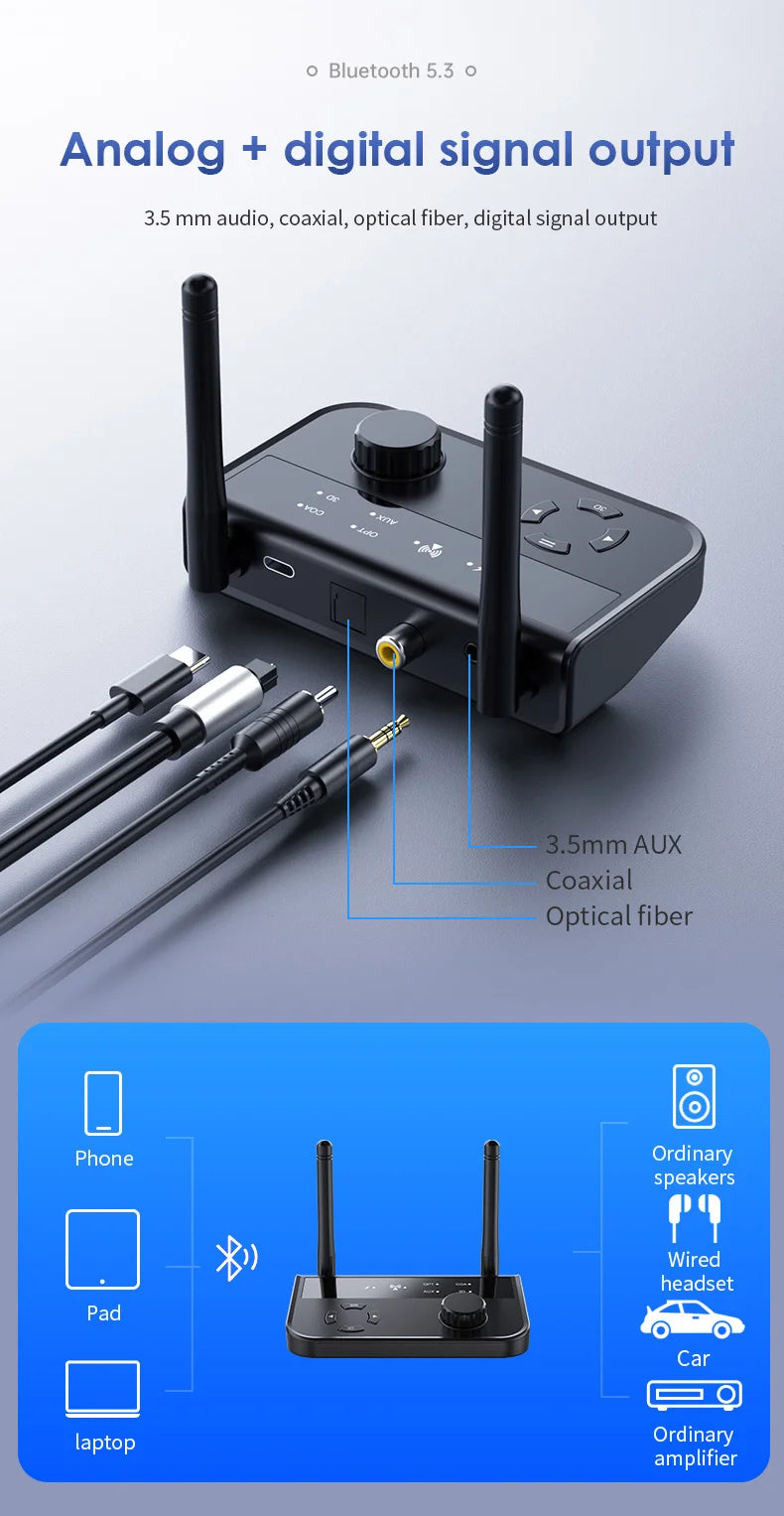 3D Stereo Bluetooth 5.3 Audio Receiver Optical/Coaxial/3.5mm AUX Analog Digital Signal Output Wirelss Adapter For Car Speaker