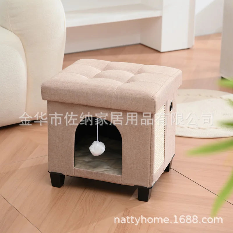 Multi Functional Cat Bed with Wooden Legs Foldable Pet Stool for Sitting