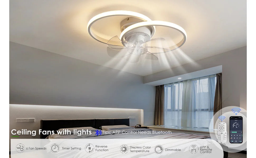 Modern Ceiling Fan with Light, Low Profile Ceiling Fan with Remote for Bedroom Kitchen Room LED Dimmable, Small Fan Light