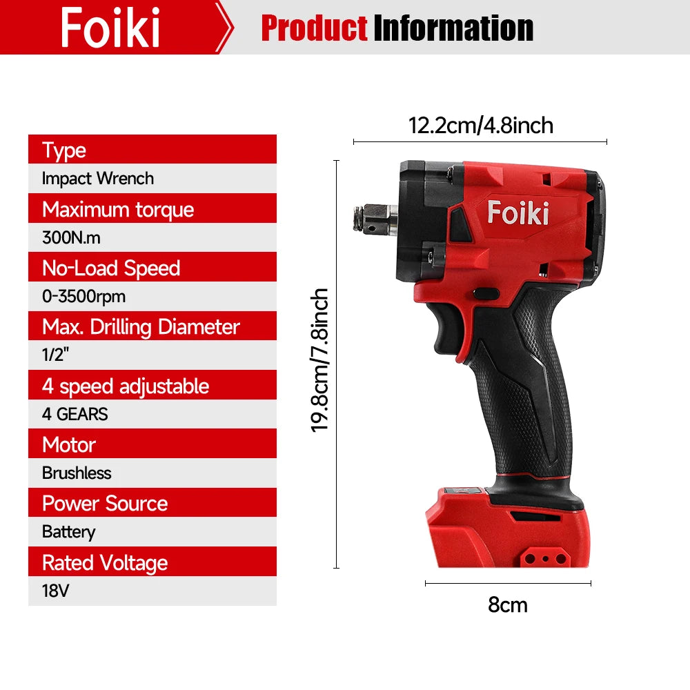 Foiki 18V Cordless Brushless Electric Wrench 300N.m Disassembly Wrench Nut Car Maintenance Electric Tools Fit Milwaukee Battery