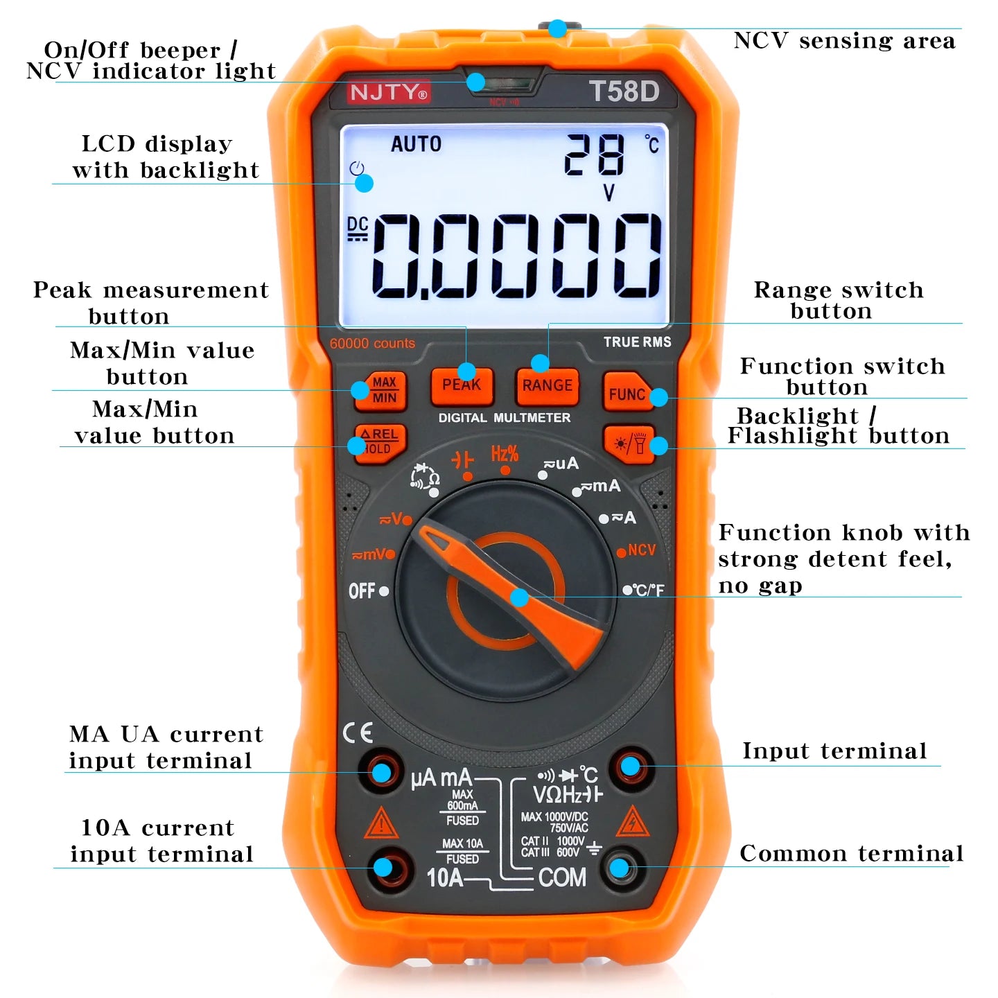 NJTY T-58D High-Precision Digital Multimeter, 60000 Counts, Smart Anti-Burn, Home/Professional Universal Meter