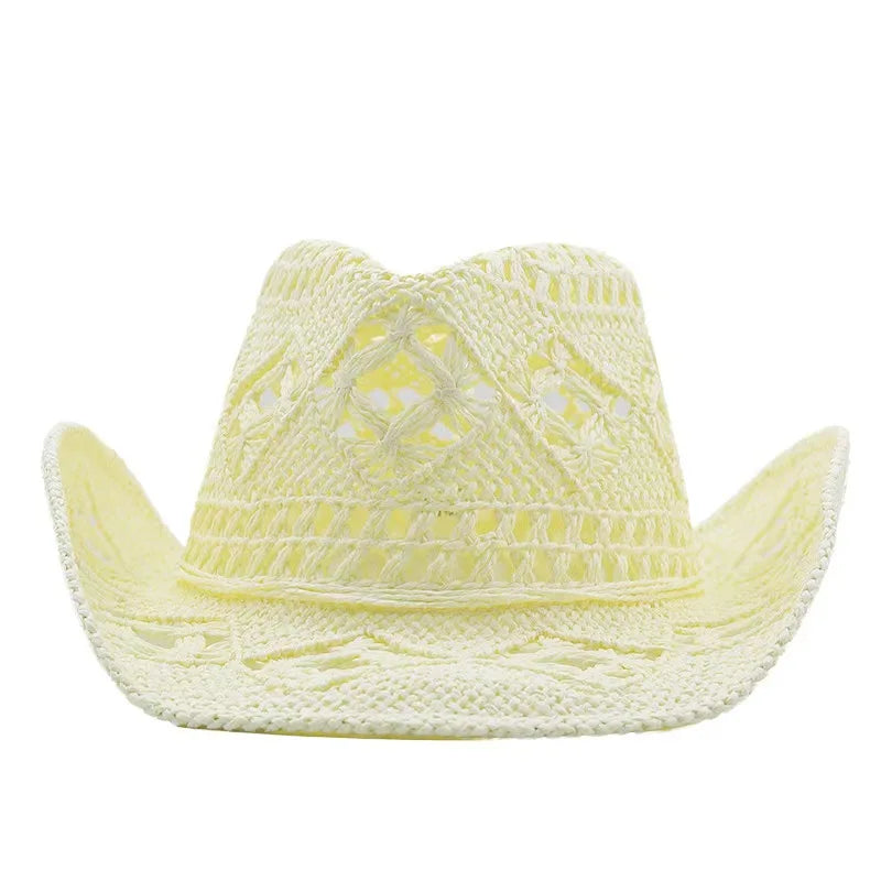 New Fashion Hollowed Handmade Cowboy Straw Hat Round Collapsible Western Cowboy Beach Hat Photo Props Western Sunshade Cap