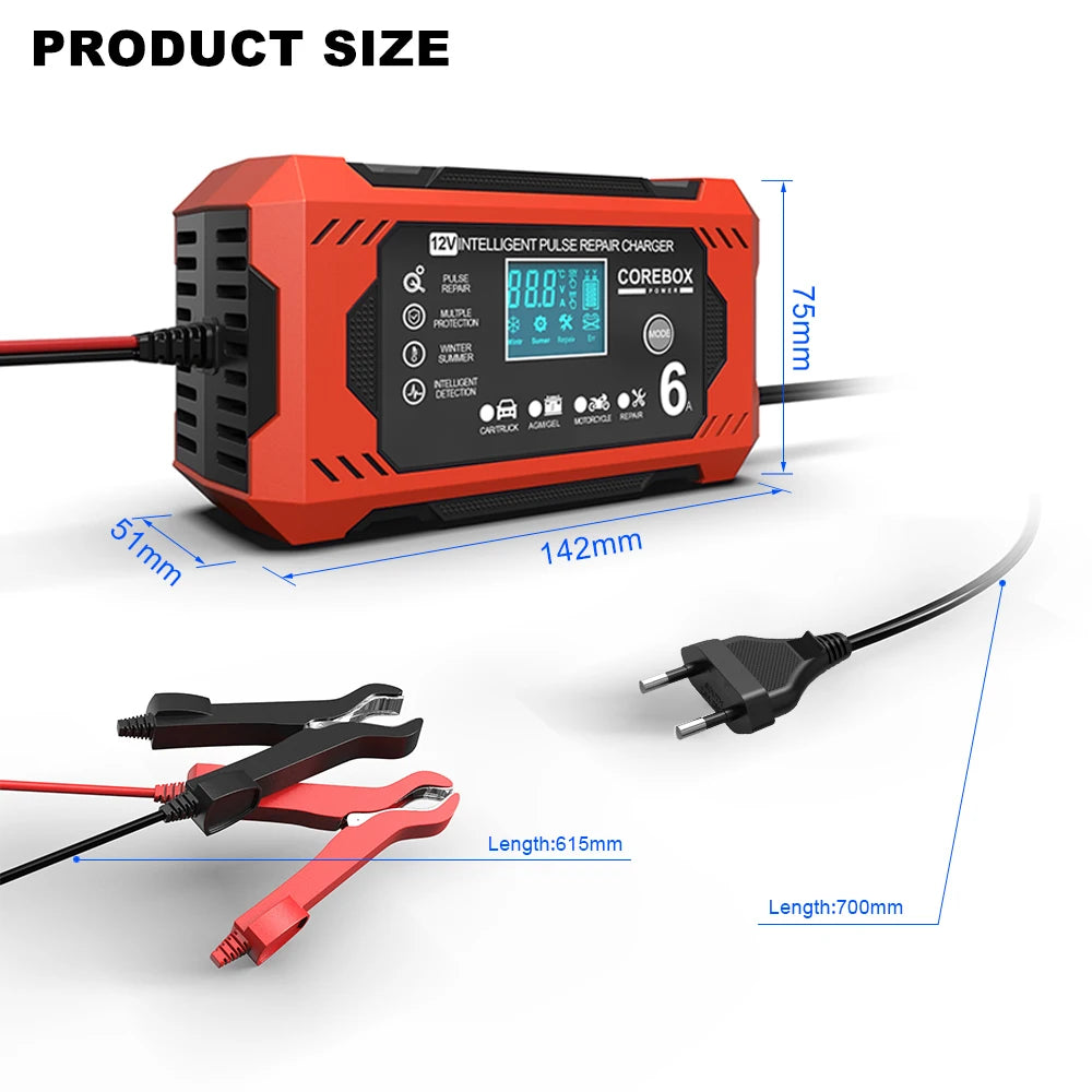 6A 12V Automotive Battery Charger Car and Motorcycle Battery Charging Devices Intelligent Maintenance of Lead Acid Battery