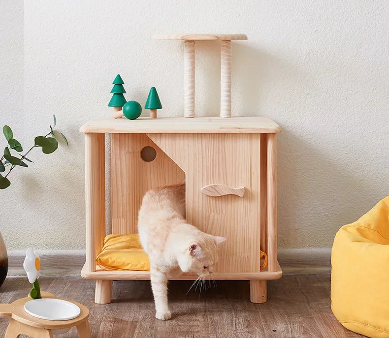 Creative Pet Nest Cat Bed Wooden Cats House Condos Bedside Table Large Space Pet Bed for Small Medium Dogs Wood Bed Cat Supplies