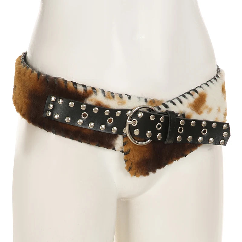SUCHCUTE Vintage Faux Fur Patchwork Pu Leather Belt Punk Western Cowboy Accessories Y2K Women's Waistband Retro 2000s Decorative