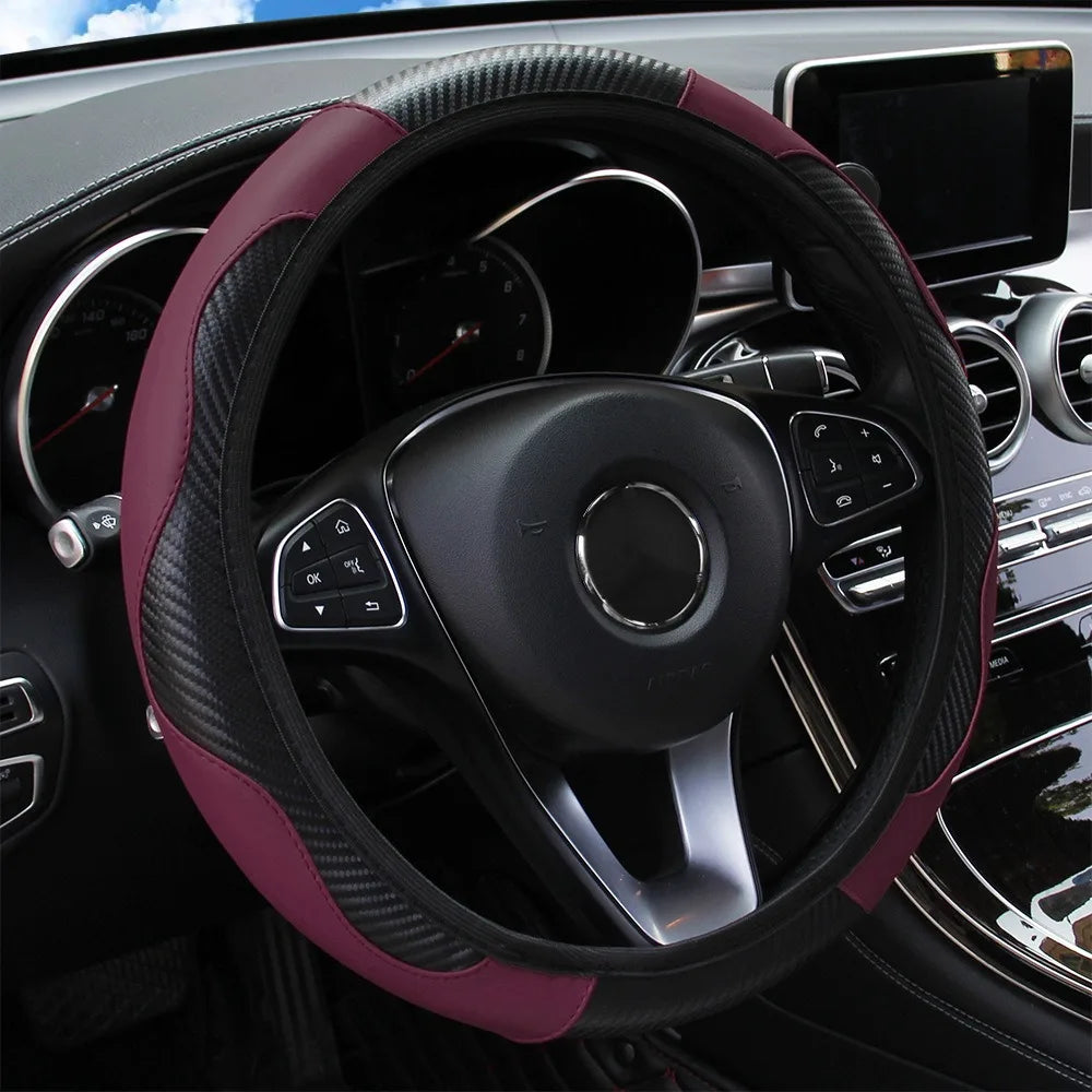 PU Carbon Fiber Leather Car Steering Wheel Cover Without Inner Ring Universal Suitable for 14.5-15 Inches of Automotive Supplies
