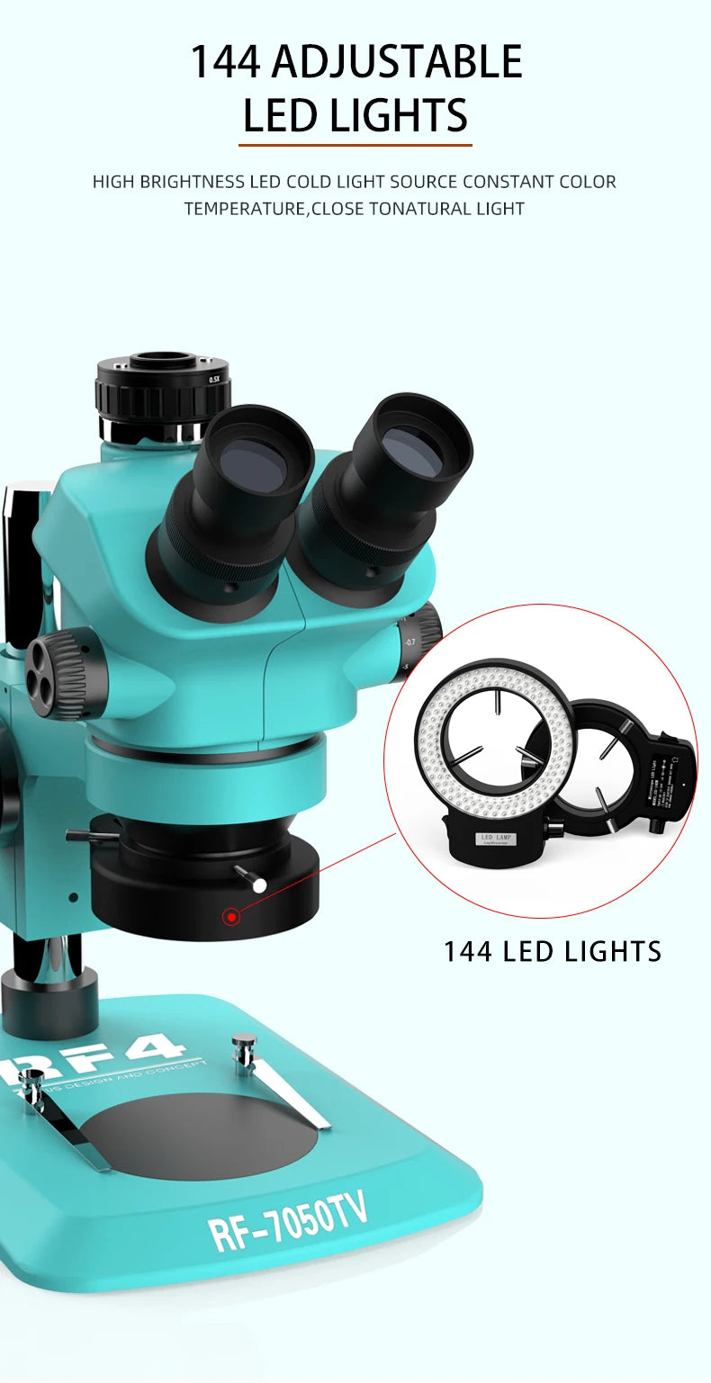 RF4 7-50X Trinocular Continuous Zoom Stereo Microscope WF10X/22mm Eyepiece Suitable for Mobile Phone PCB Welding Microscope Tool