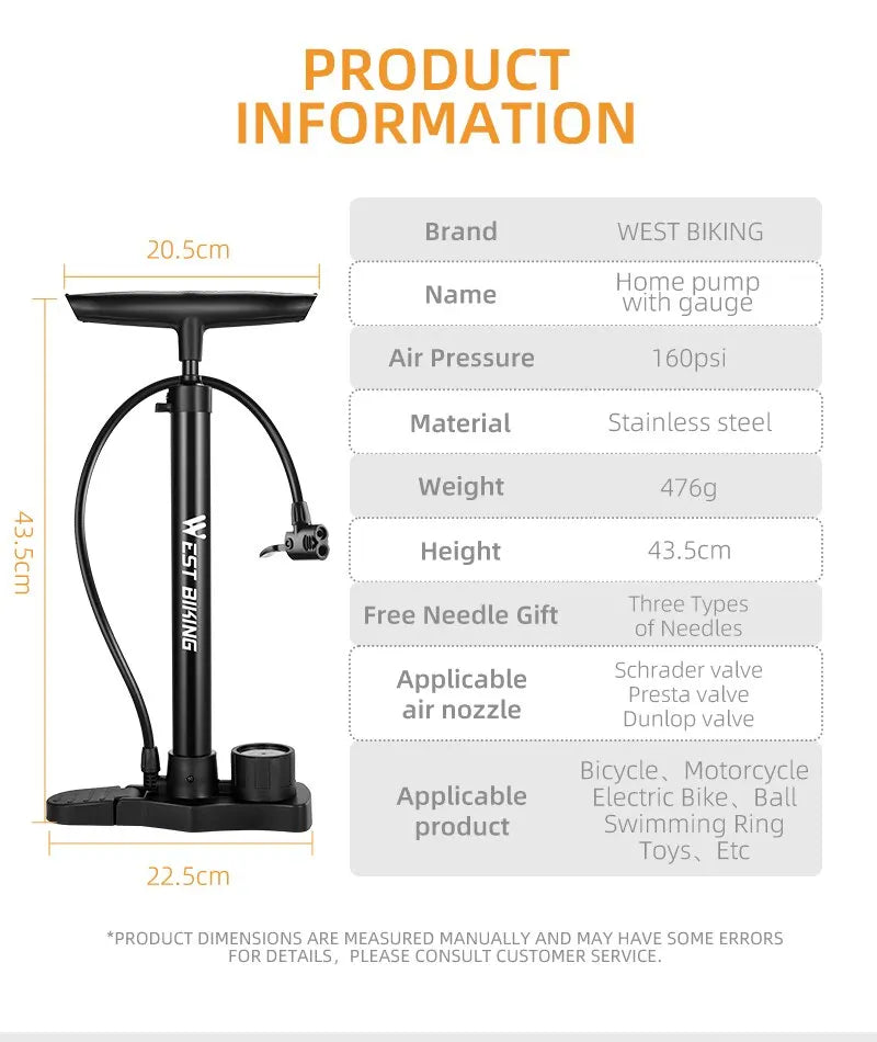 WEST BIKING Bicycle Pump 160PSI Portable Stainless Steel Bike Pump Schrader Presta Valve Inflator Mountain Road Bike Accessories