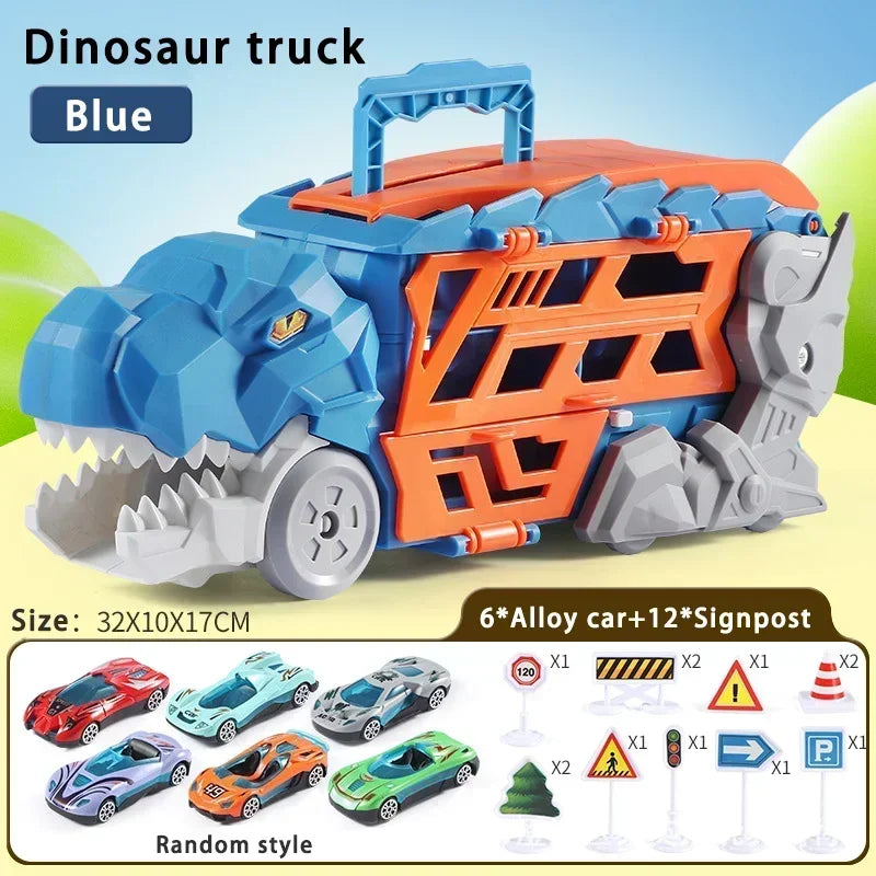 Transport Dinosaur Truck with Foldable Sliding Race Track Transforms into Standing T-rex Best DIY Birthday Gifts Toys Boys Girls