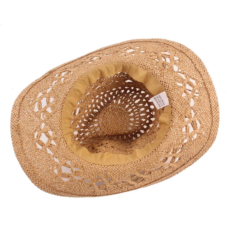 New Fashion Hollowed Handmade Cowboy Straw Hat Round Collapsible Western Cowboy Beach Hat Photo Props Western Sunshade Cap