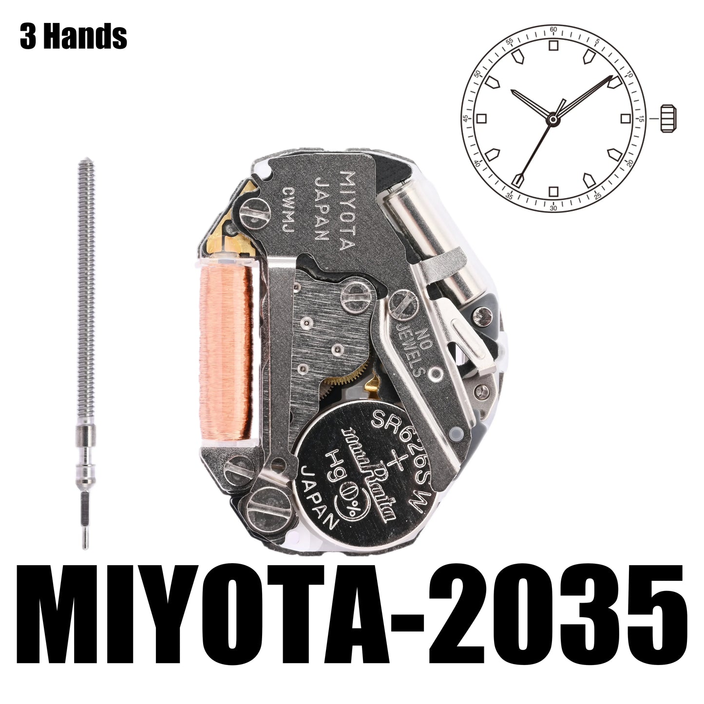 Miyota 2035 Standard|Quartz Movements White 3 Hands Size:6 3/4×8''' Heigh:3.15mm -YOUR ENGINE- Metal movement made in Japan.
