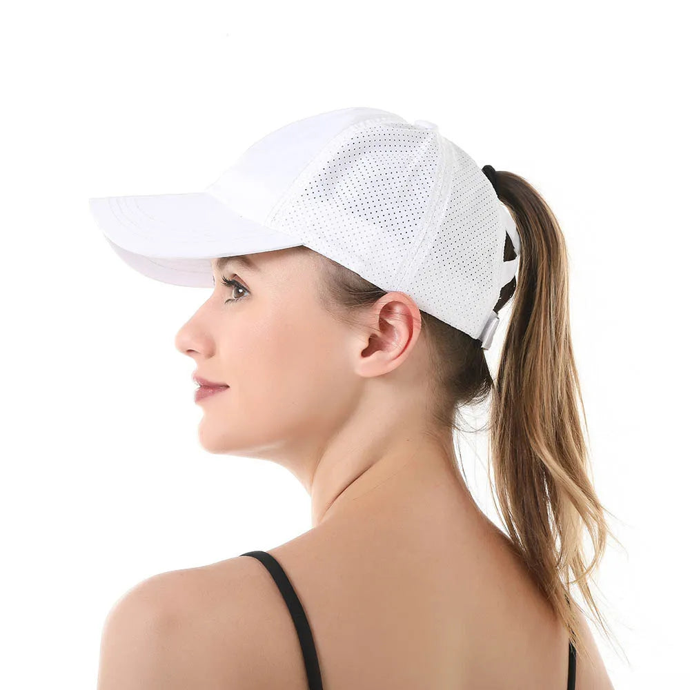 Summer Solid Color Baseball Cap Women's Athleisure Cross Ponytail Hat Mesh Quick-Drying Cap Visor Hat
