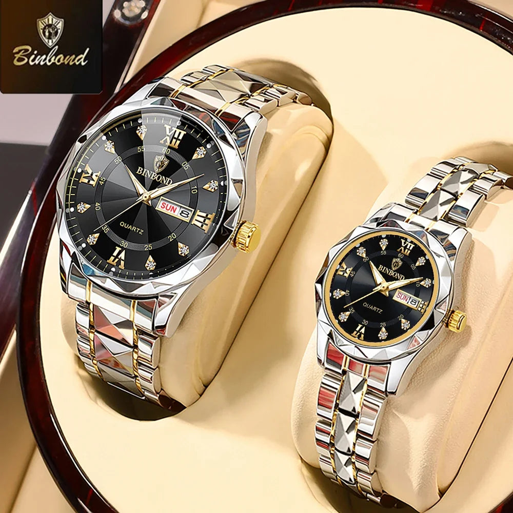 BINBOND 2pcs/Set Couple Watches 30M Waterproof Fashion Diamond Valentine Day Gift Stainless Steel Watch Men Women Quartz Watch