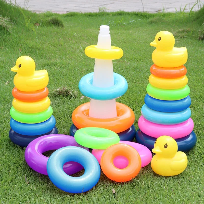 0-3 years old Infant Early Learning Rainbow Stacking Toys Puzzle Development Intelligence Rainbow Tower Set of Rings Yellow Duck