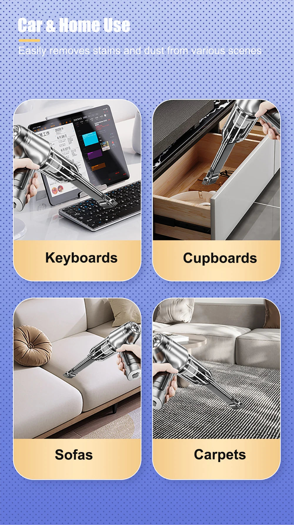 Car Vacuum Cleaner Wireless Portable Vacuum Machine 95000PA Strong Suction Handheld Mini Cleaner High Power Blower for Cars Home