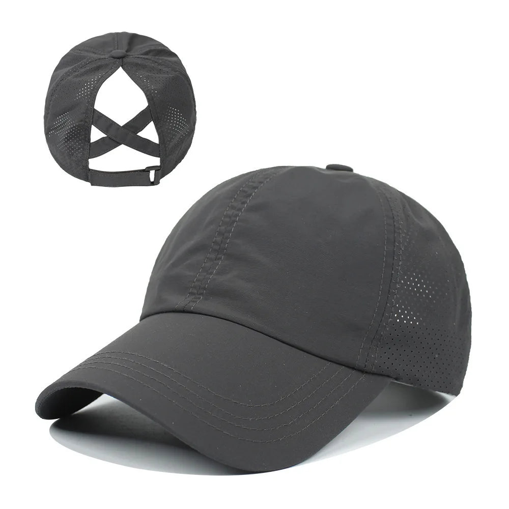Summer Solid Color Baseball Cap Women's Athleisure Cross Ponytail Hat Mesh Quick-Drying Cap Visor Hat