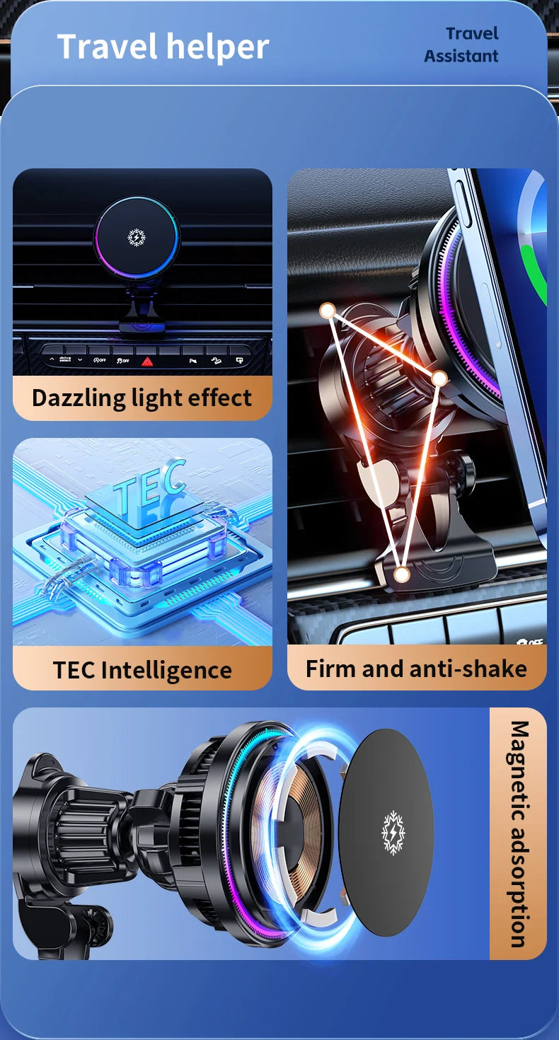 Ice Cooling RGB Magnetic Wireless Car Charger Fast Charging Station For Magsafe iPhone 16 15 14 13 12 Pro Max Phone Holder Stand