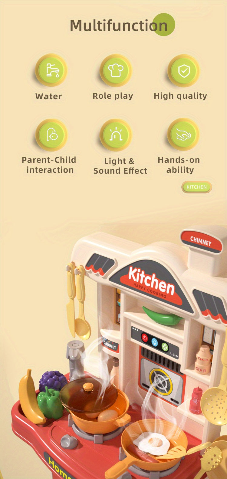 Realistic Pretend Play Cooking Toy for Kids, Chef Playset Kitchen Accessories, Lights & Sounds,for Toddles Girls Boys Ages 3+
