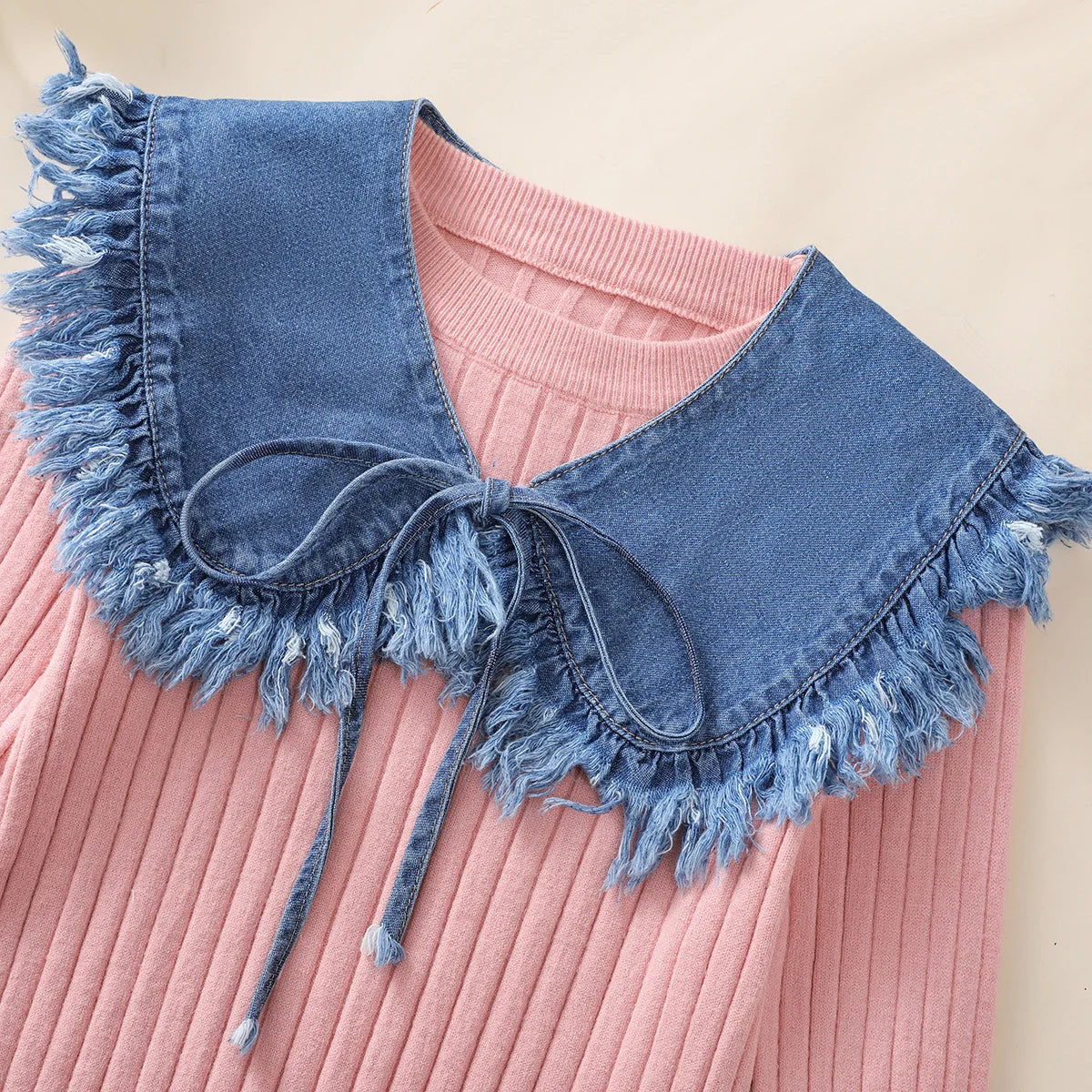 Women's Washed Denim Shawl Collar with Pleated Lace and Fashionable Fake Collar
