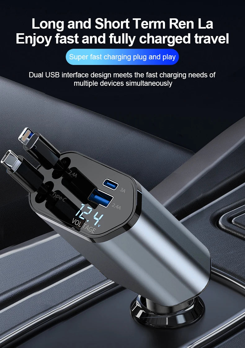 100W Car Charger Car Super Fast Charge Flash Charging, Telescopic Cable Four-in-one Point Smoker Car Charging