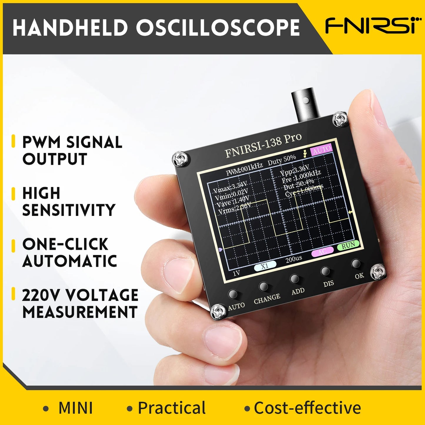 FNIRSI-138 PRO DSO152 Handheld Digital Oscilloscope 2.5MSa/s 200KHz Analog Bandwidth Support AUTO,80Khz PWM And Firmware Update