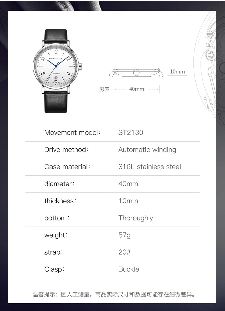 New Seagull Men's Automatic Mechanical Watch Official Authentic Bauhaus Business Casual Mechanical Wristwatch 819.17.6091
