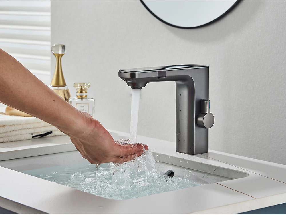 White Smart Sensor Basin Faucet Screen Digital Display Hot Cold Water Mixer Tap Touchless Vanity Sink Faucet For Bathroom